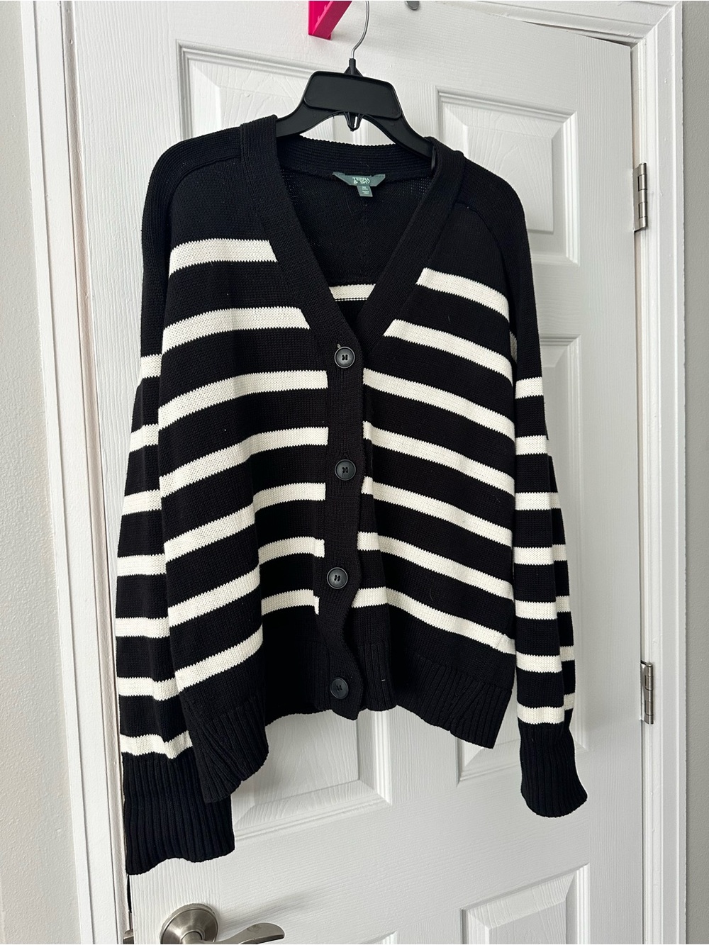 Terra & Sky Black and White Striped Button‑Front Cardigan